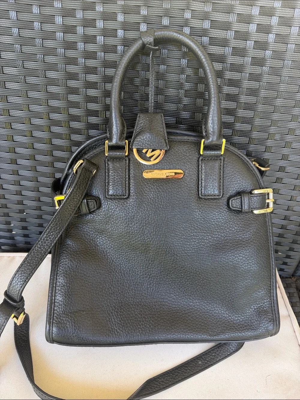 Michael Kors Black Pebbled Leather Dome Satchel with Gold Hardware